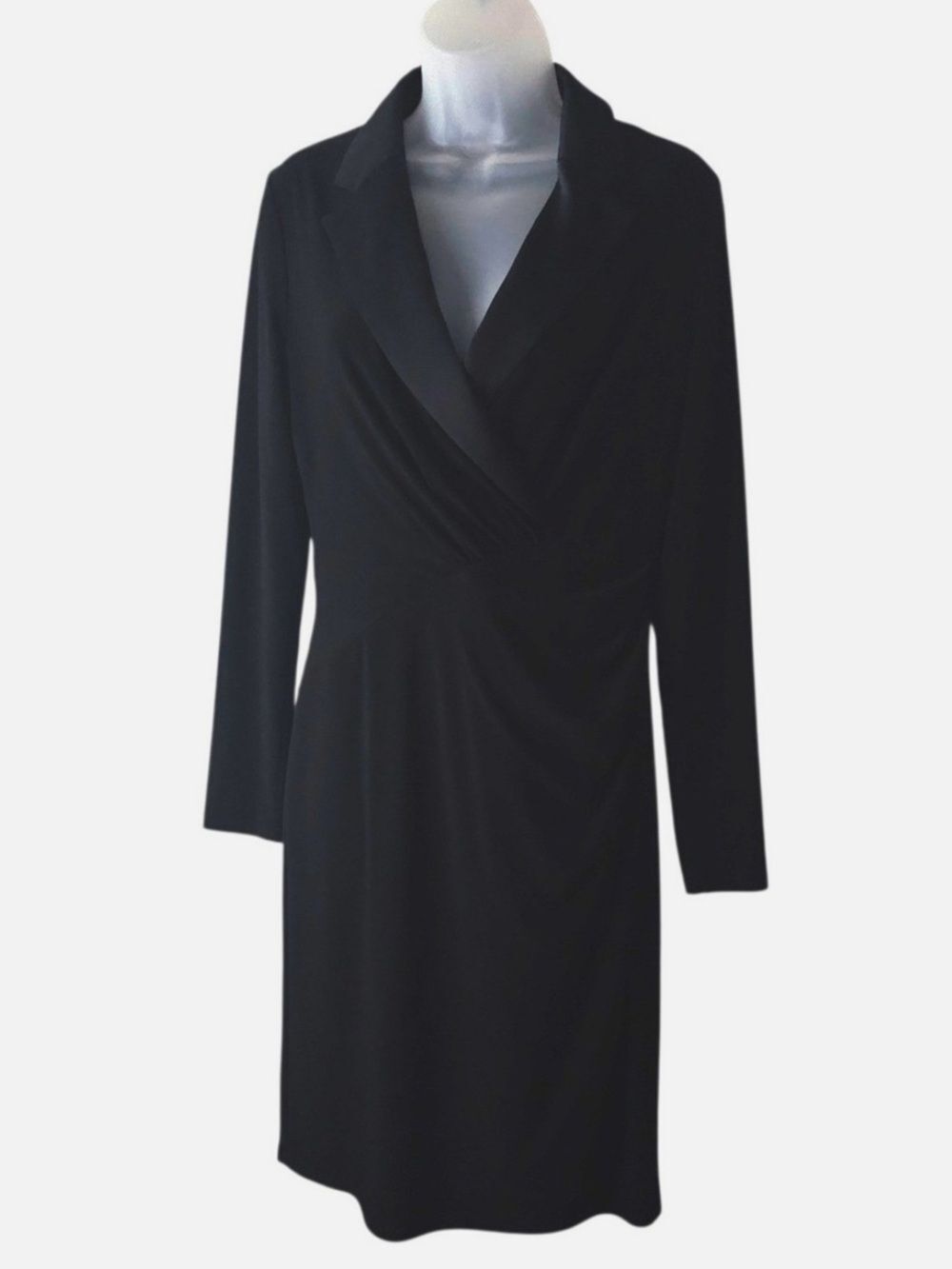 LRL 14 Black Tuxedo Style Long Sleeve Gathered Side Midi Dress